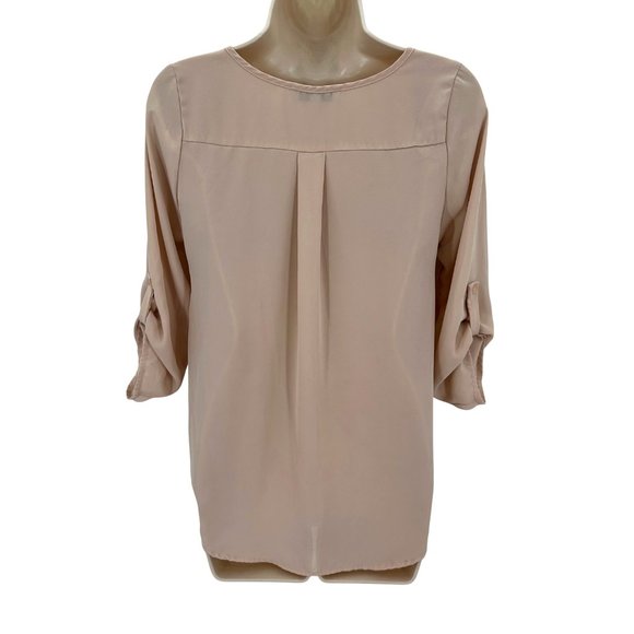 Active USA Womens Soft Beige Chiffon 3/4 Sleeves V Neck Overlap Front Blouse S - Picture 3 of 9